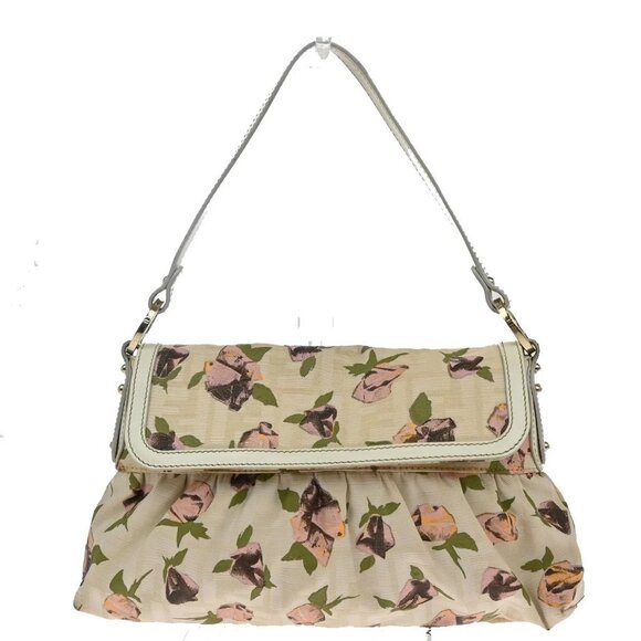 FENDI Logo Zucca Pattern Flower Hand Bag Canvas Leather Beige Pink Italy 88KB429 - Picture 1 of 15